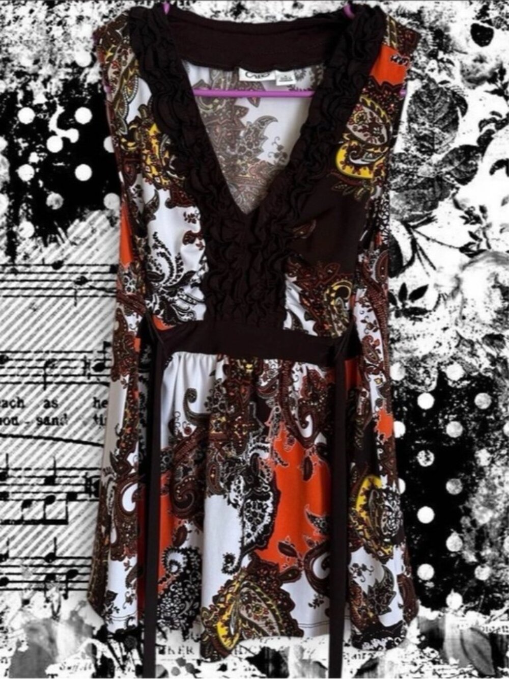 ♡ brown paisley print babydoll top with ruffle trim & tie back detail ♡